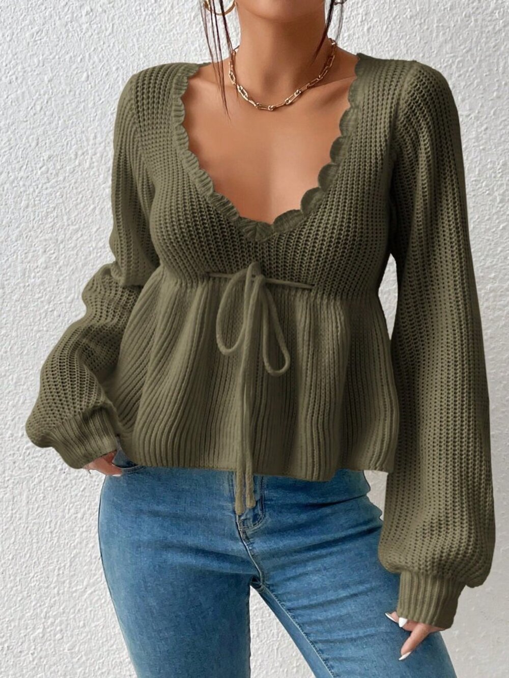 Army Green Casual Women's Deep V-Neck Twist Front Long Sleeve Sweater
